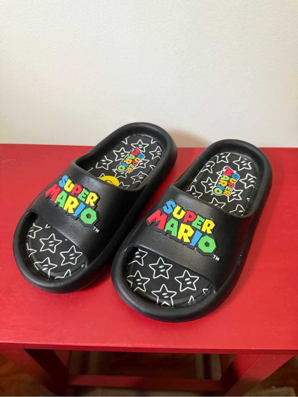 New Nintendo Super Mario Black Slides Kids Size 13 3D Letters